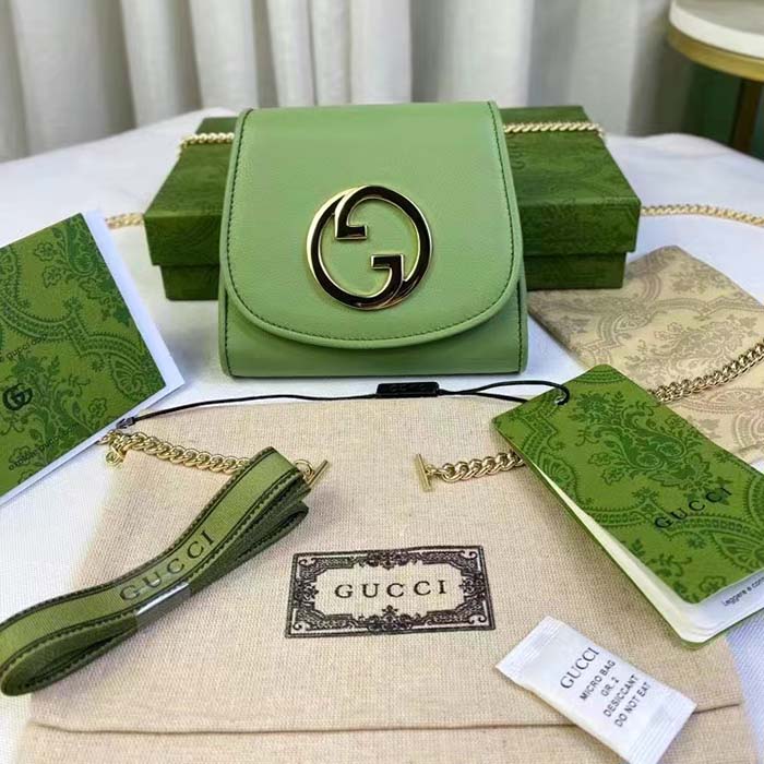 Gucci Women GG Blondie Medium Chain Wallet Green Leather Round Interlocking G