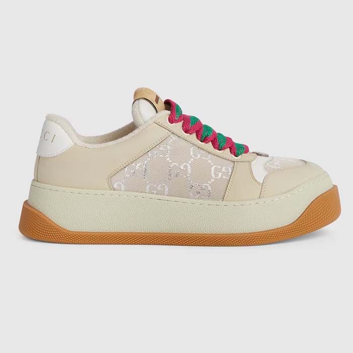 Gucci Unisex Screener Sneaker White GG Lamé Canvas Chunky Laces 4.8 CM Heel