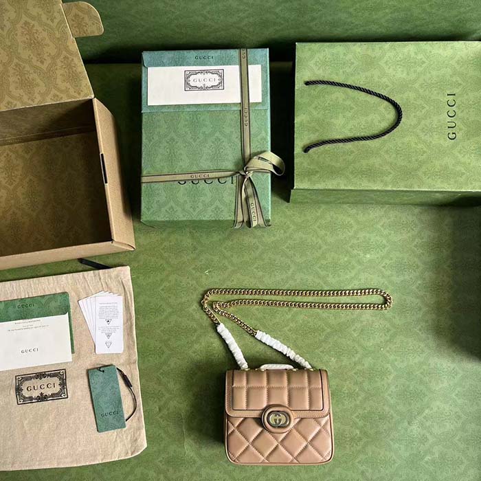 Gucci Women GG Deco Mini Shoulder Bag Rose Beige Quilted Leather Interlocking G