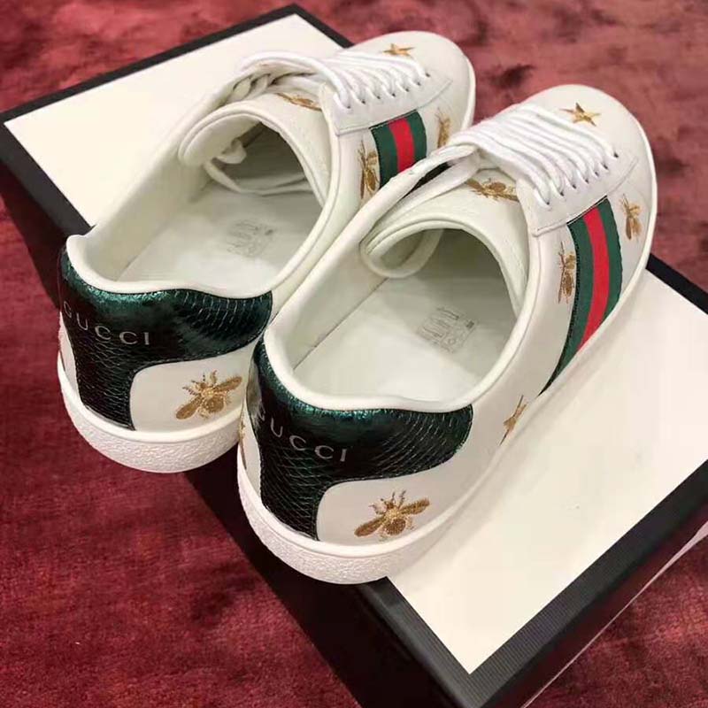 Gucci Men’s Ace Embroidered Sneaker in White Leather with Bees and Stars