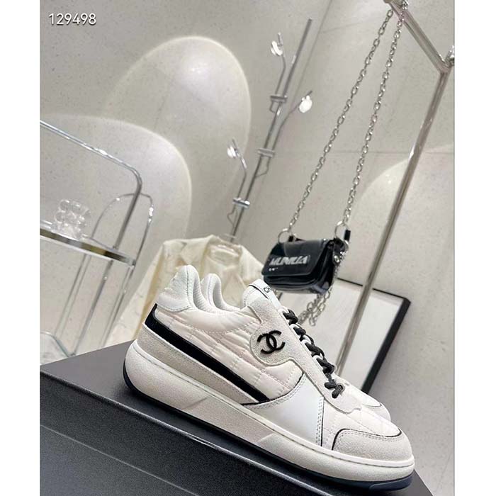 Chanel Women CC Sneakers Fabric Suede Calfskin Calfskin White Light Gray
