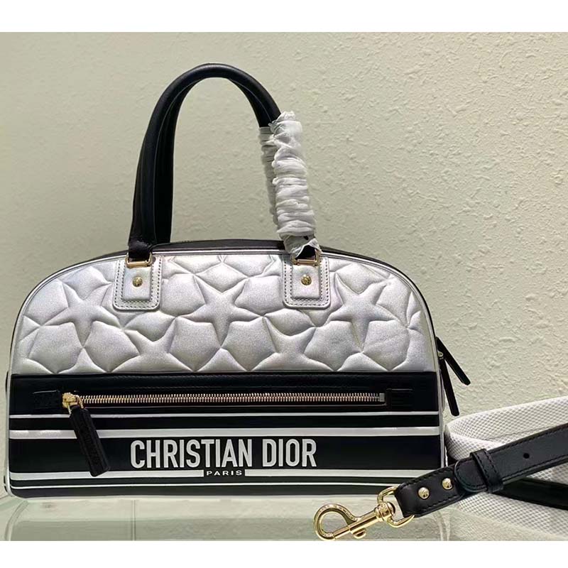 Dior Women CD Medium Vibe Zip Bowling Bag Black Silver Padded Étoile Calfskin