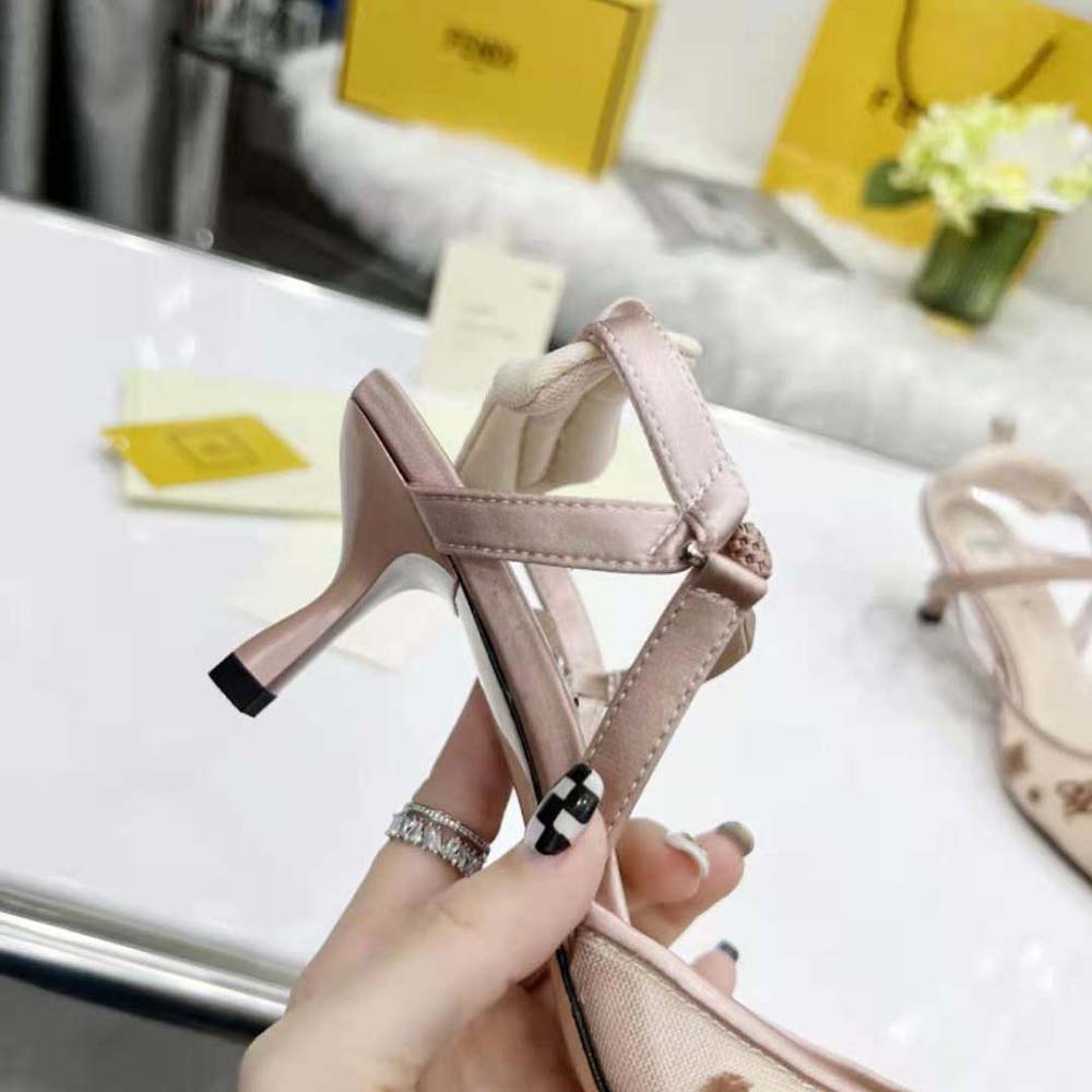 Fendi Women Colibri Lite Beige Mesh and FF Karligraphy Medium-Heel Slingbacks