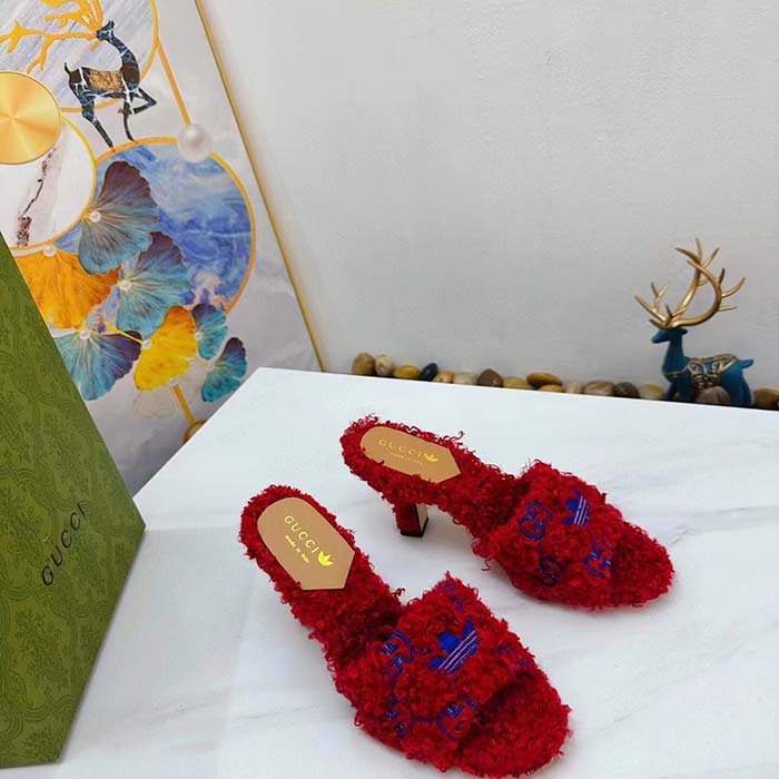 Gucci Women Adidas x Gucci Slide Sandal Red GG Trefoil Shearling-Effect Fabric