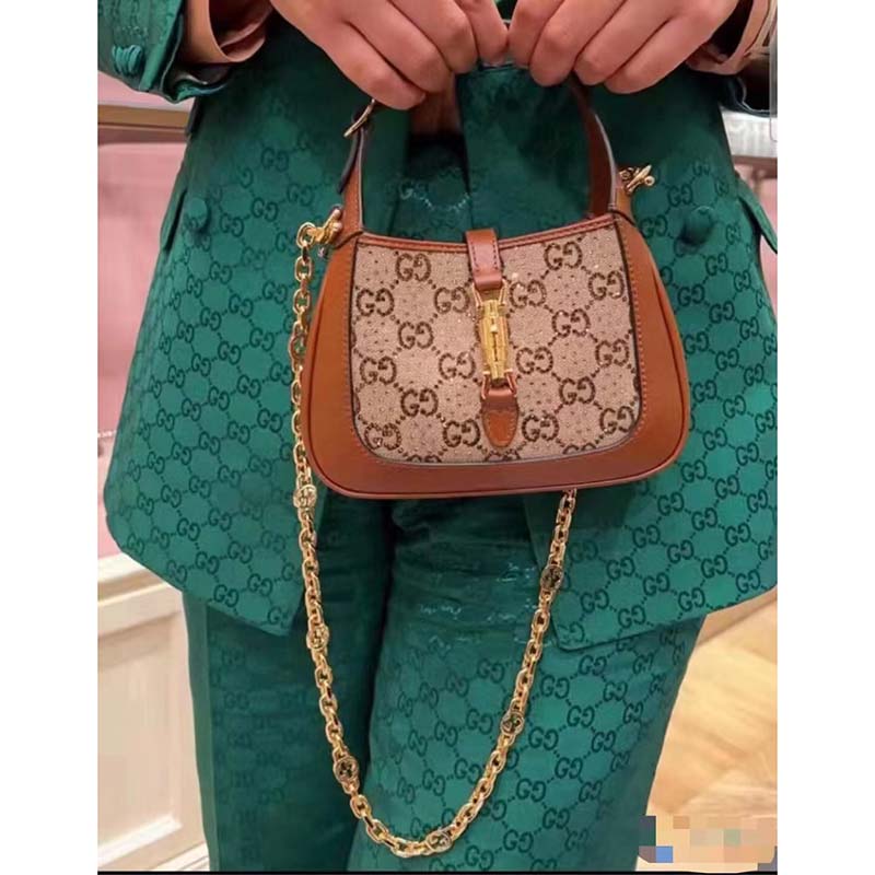 Gucci Women Jackie 1961 Mini GG Shoulder Bag Camel Ebony GG Canvas Crystals