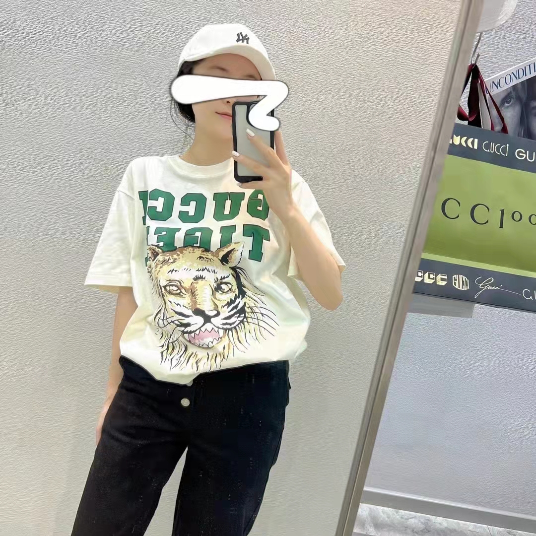 Gucci Women GG Tiger Cotton T-Shirt White Jersey Tiger Head Crewneck