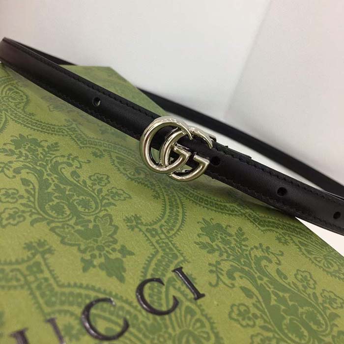 Gucci Unisex GG Thin Belt Belt Black Leather Double G Buckle 1.3 CM Width
