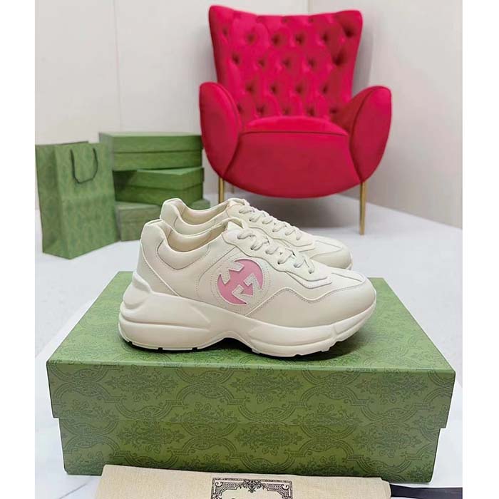 Gucci Unisex Rhyton Sneakers Ivory Leather Pink Interlocking G Cut-Out Rubber Sole