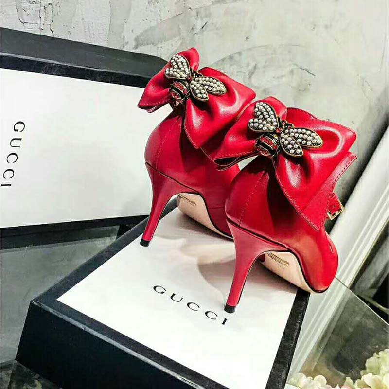 Gucci Women Shoes Leather Pump with Bow 85mm Heel-Red