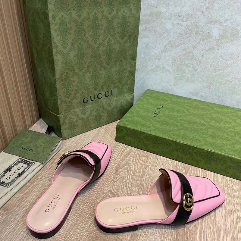 Gucci Women GG Slipper Double G Pink Leather Matelassé Chevron Insert