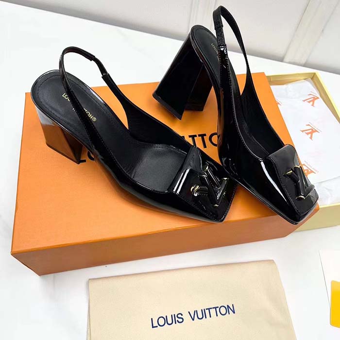 Louis Vuitton LV Women Shake Slingback Pump Black Patent Calf Leather Lambskin 9.5 Cm Heel