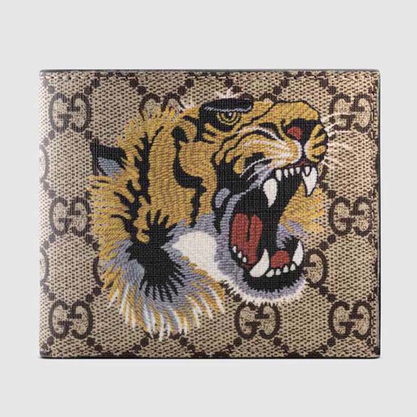 Gucci GG Men Tiger Print GG Supreme Wallet in Beige/Ebony GG Supreme