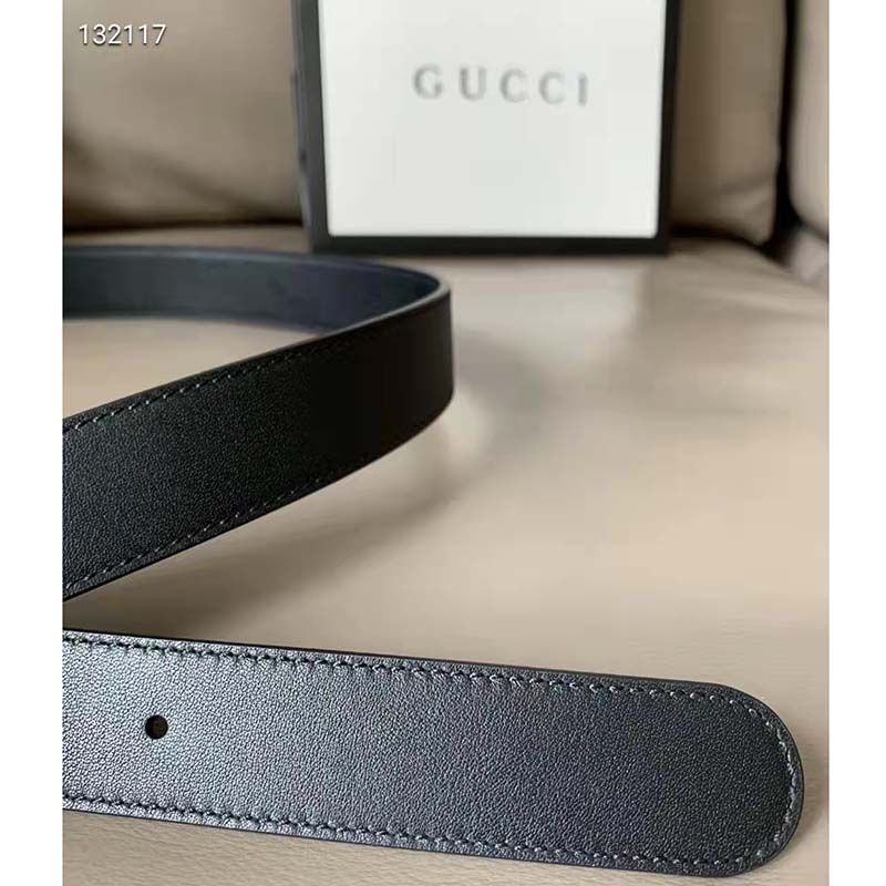 Gucci Unisex Slim Leather Belt Double G Buckle Black Leather 3 cm Width