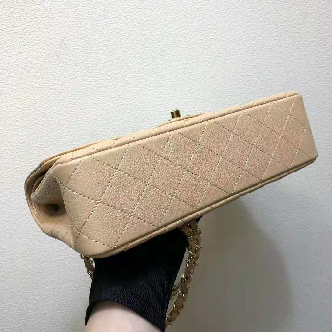 Chanel Women Large Classic Handbag in Grained Calfskin Leather-Sandy