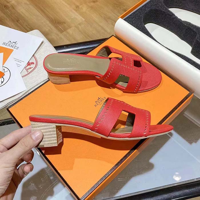Hermes Women Oasis Sandal Red Calfskin Iconic “H” 5.6cm Heel