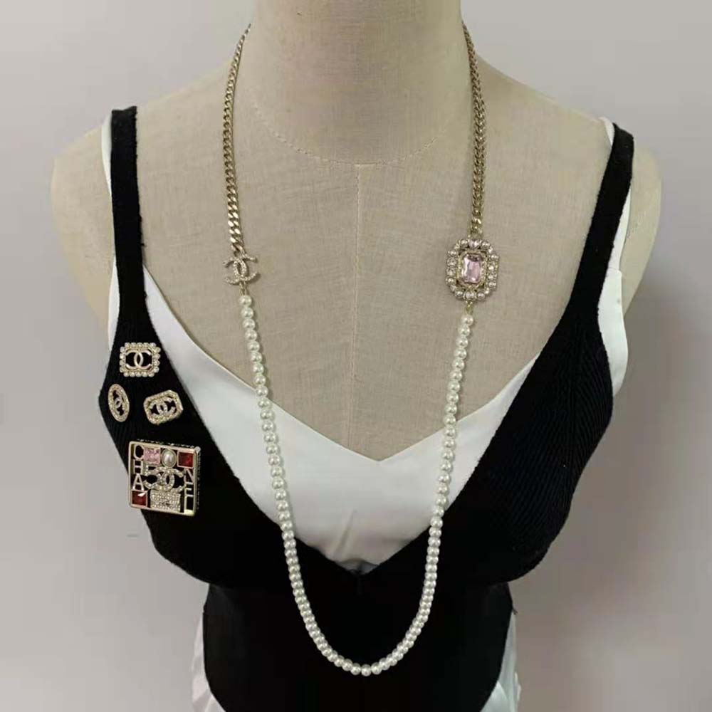 Chanel Women Long Necklace in Metal Resin Glass Pearls and Strass