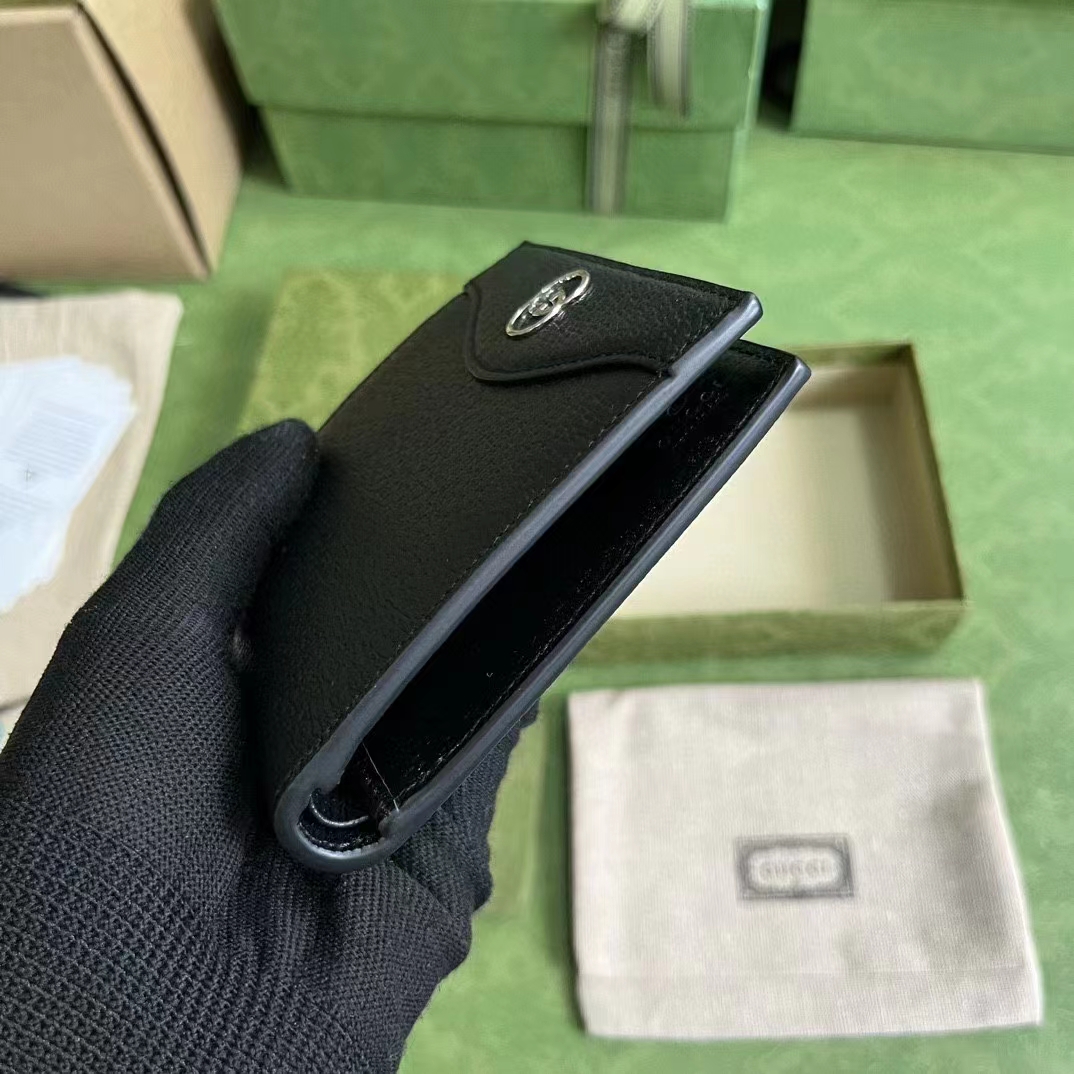 Gucci Unisex GG Wallet Interlocking G Black Leather Palladium-Toned Hardware Moiré Lining