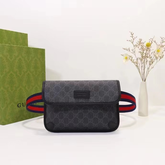 Gucci Unisex GG Black Belt Bag Black Grey GG Supreme Canvas Leather Trim