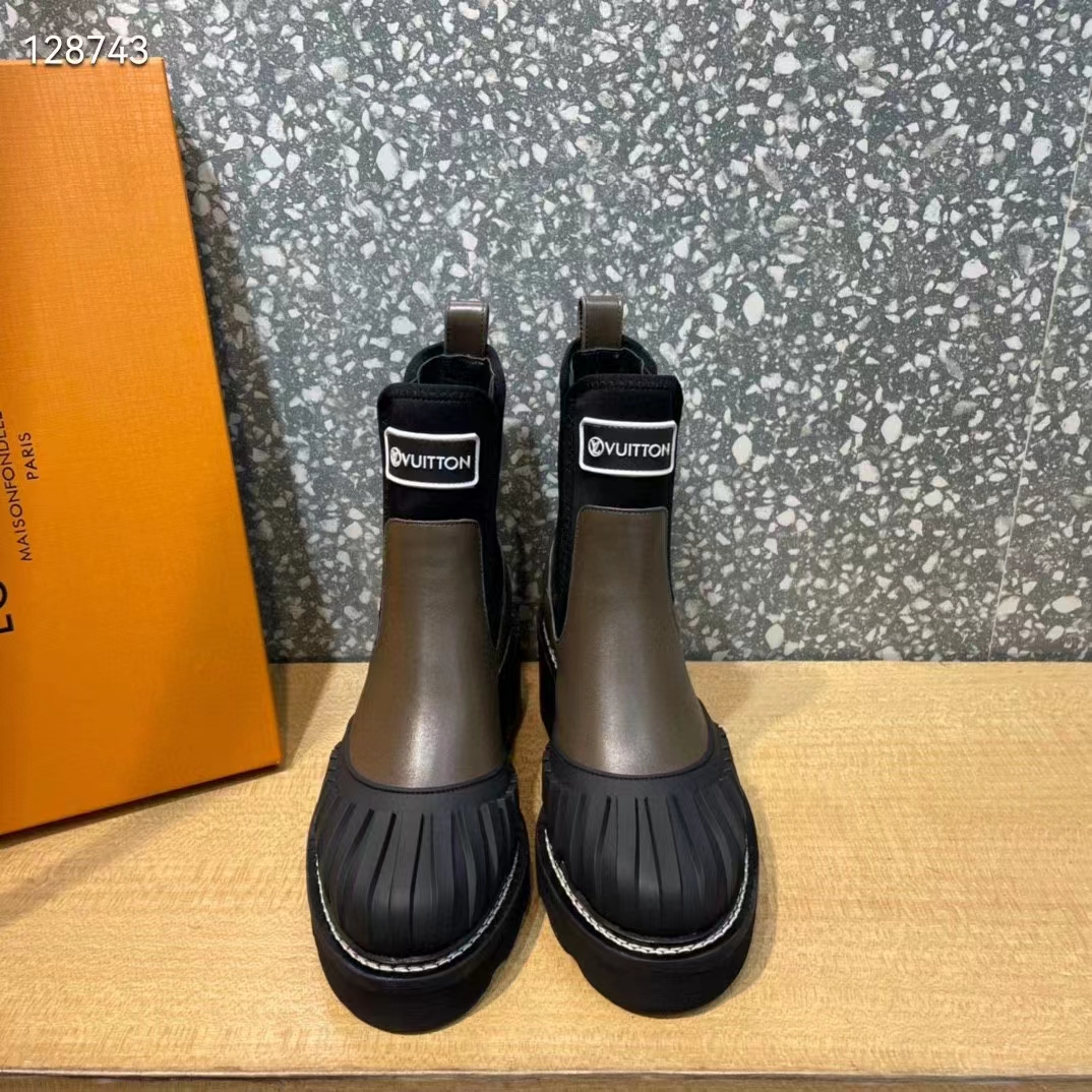 Louis Vuitton Women Shoes LV Beaubourg Ankle Boot Khaki Green Calf Leather Neoprene