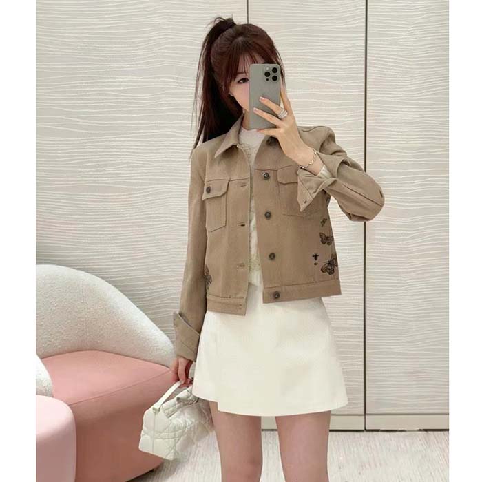 Dior Women CD Jacket Beige Cotton Denim Multicolor Butterfly Around The World Motif