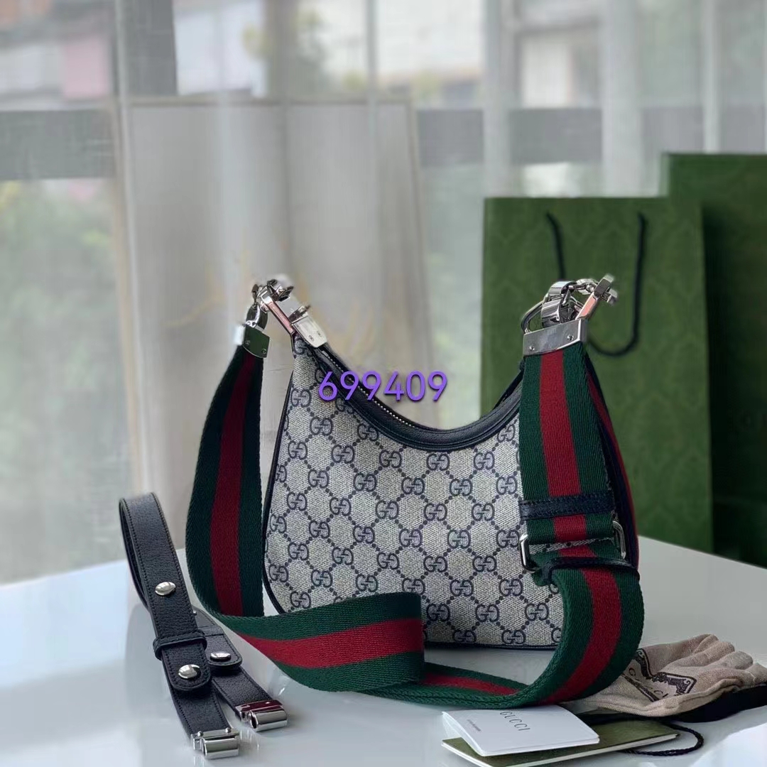 Gucci Women Attache Small Shoulder Bag Beige Blue GG Supreme Canvas