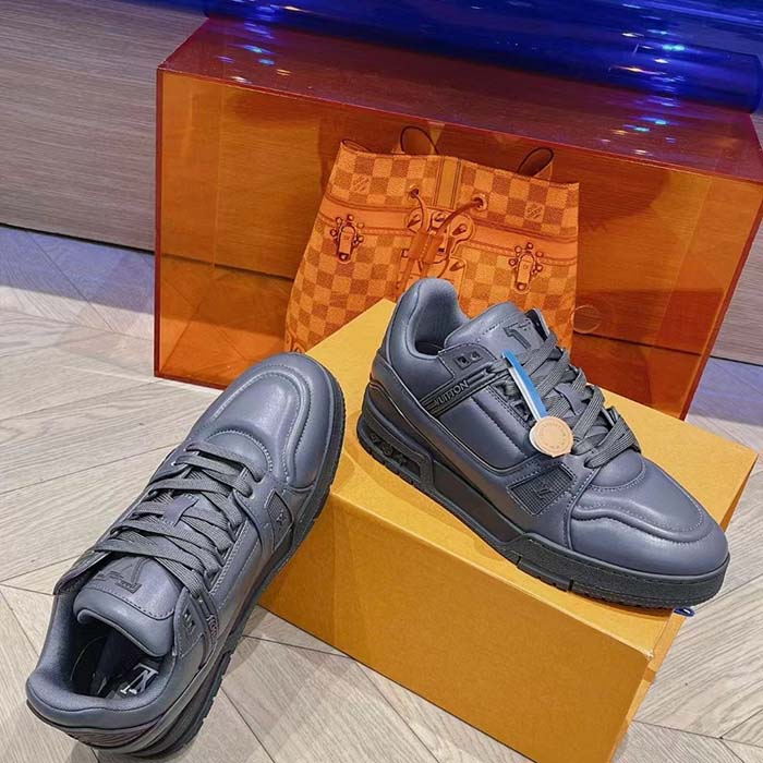 Louis Vuitton Unisex LV Trainer Sneaker Grey Calf Leather Rubber Outsole Monogram Flower