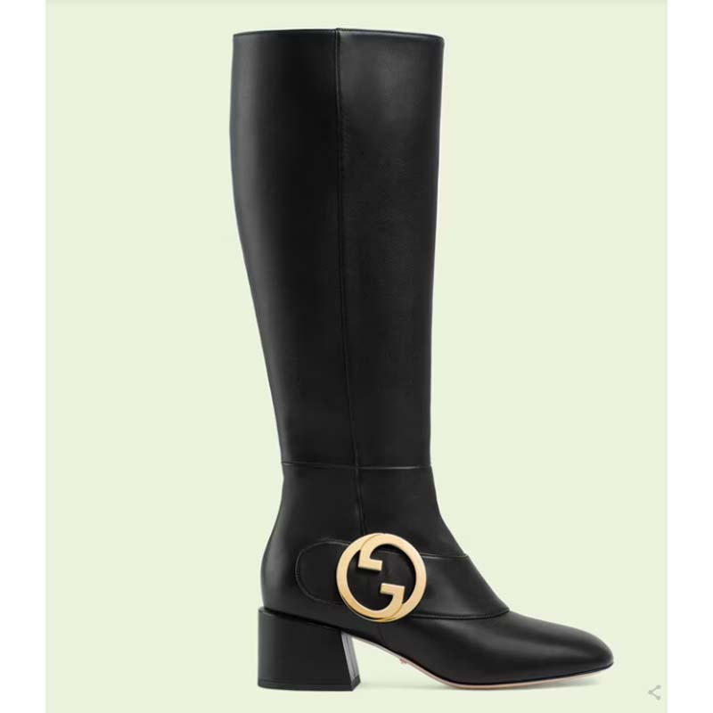 Gucci Blondie Women’s Blondie Boot Black Leather Round Interlocking G Low 5 Cm Heel