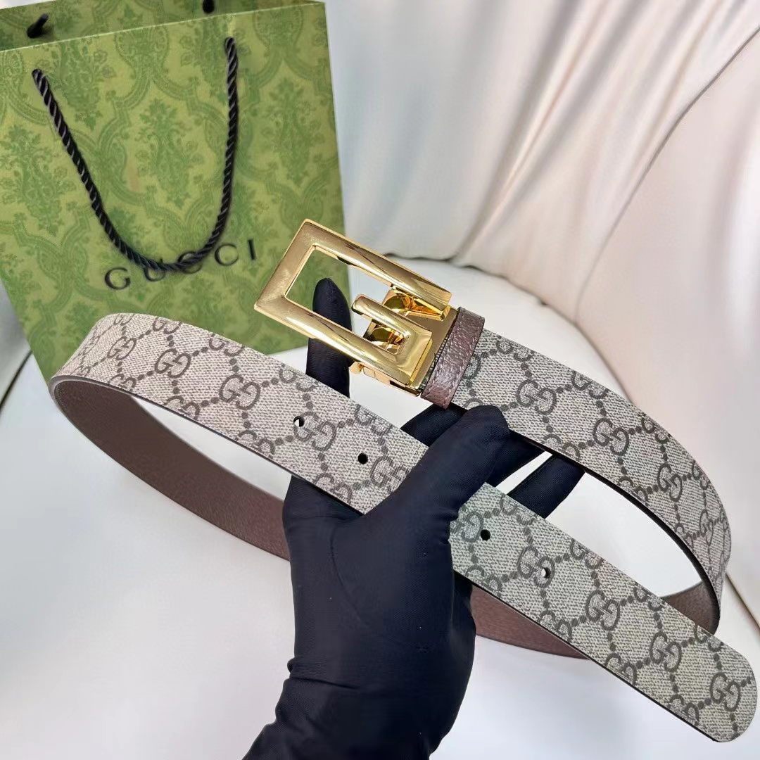 Gucci Unisex Reversible Belt Square G Buckle Beige Ebony GG Supreme Canvas Reverses Brown