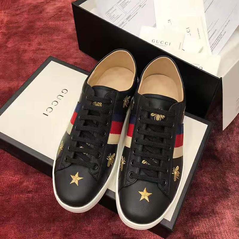 Gucci Men’s Ace Embroidered Sneaker in Black Leather with Bees and Stars