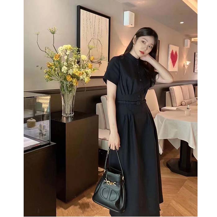 Dior Women CD Mid-Length Shirt Dress Gray Silk Tonal Belt Pleated Style Unlined