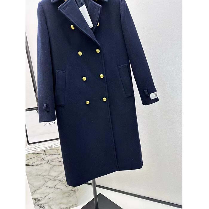 Gucci Women GG Felt Wool Coat Dark Navy Metal Buttons Gucci Cities Label Fully Lined