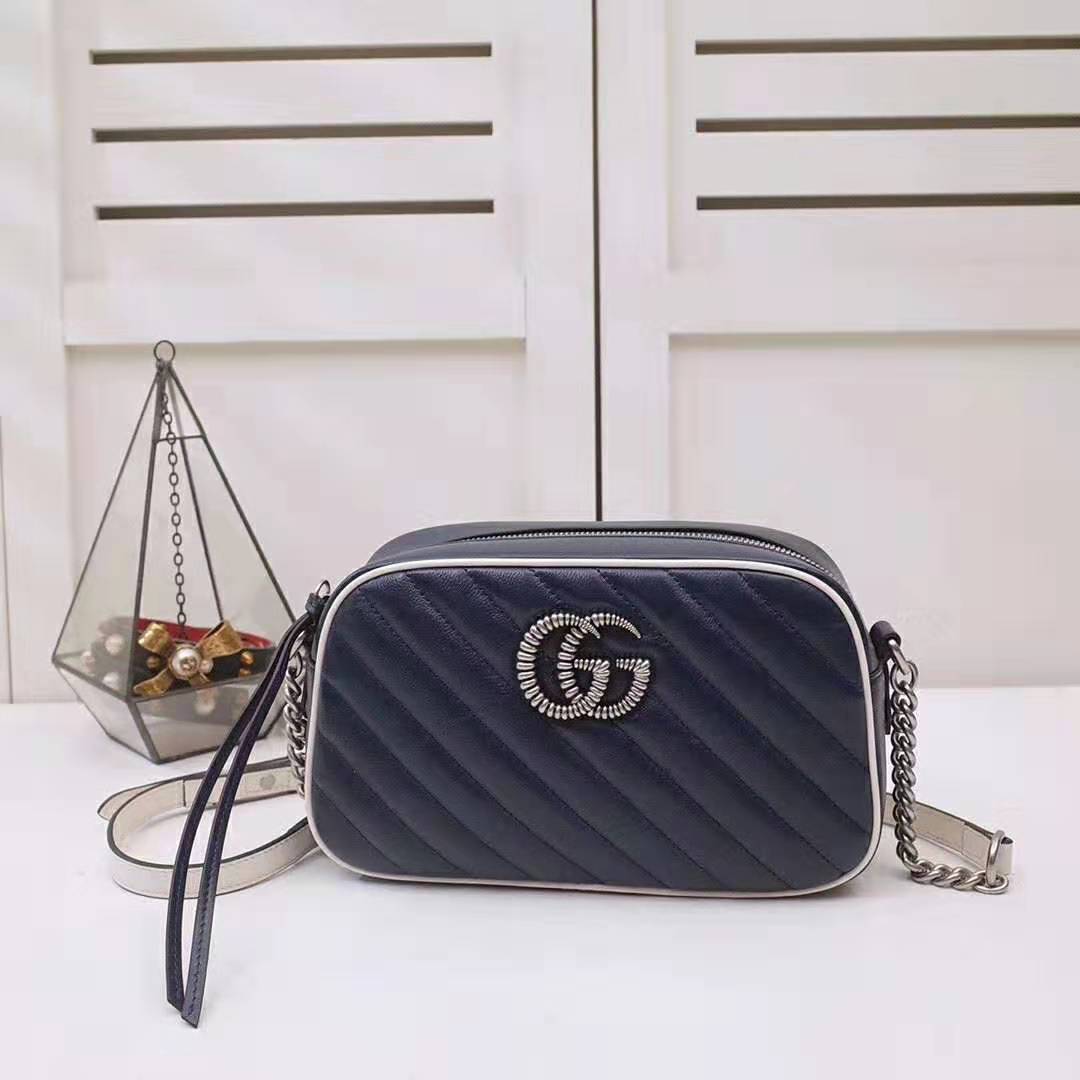 Gucci GG Women GG Marmont Matelassé Shoulder Bag in Blue Diagonal Matelassé Leather
