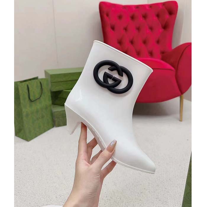 Gucci Women Interlocking G Ankle Boot White Shiny Rubber Matte Point Toe Low-Heel