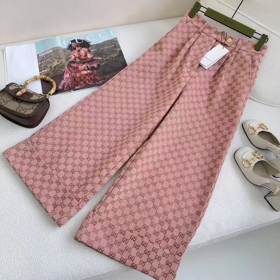 Gucci Women GG Cotton Canvas Pant Light Pink Brown Unlined Fitted Waistband Two Back Pockets