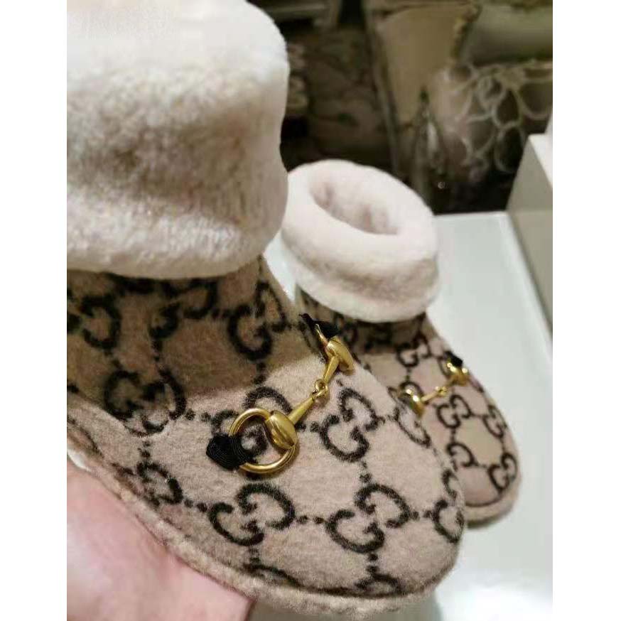 Gucci Unisex GG Wool Ankle Boot in Textured Fabrics-Beige