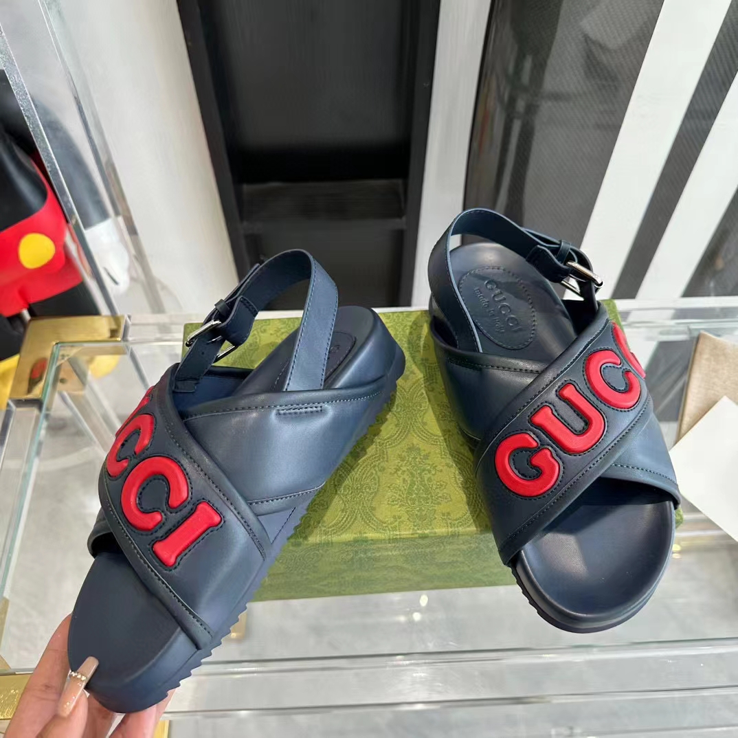 Gucci Unisex GG Gucci Sandal Smooth Blue Red Leather Script Rubber Buckle Flat