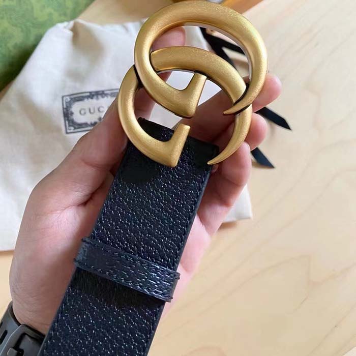 Gucci Unisex GG Wide Leather Belt Double G Buckle 3.8 CM Width Black Metal-Free Tanned