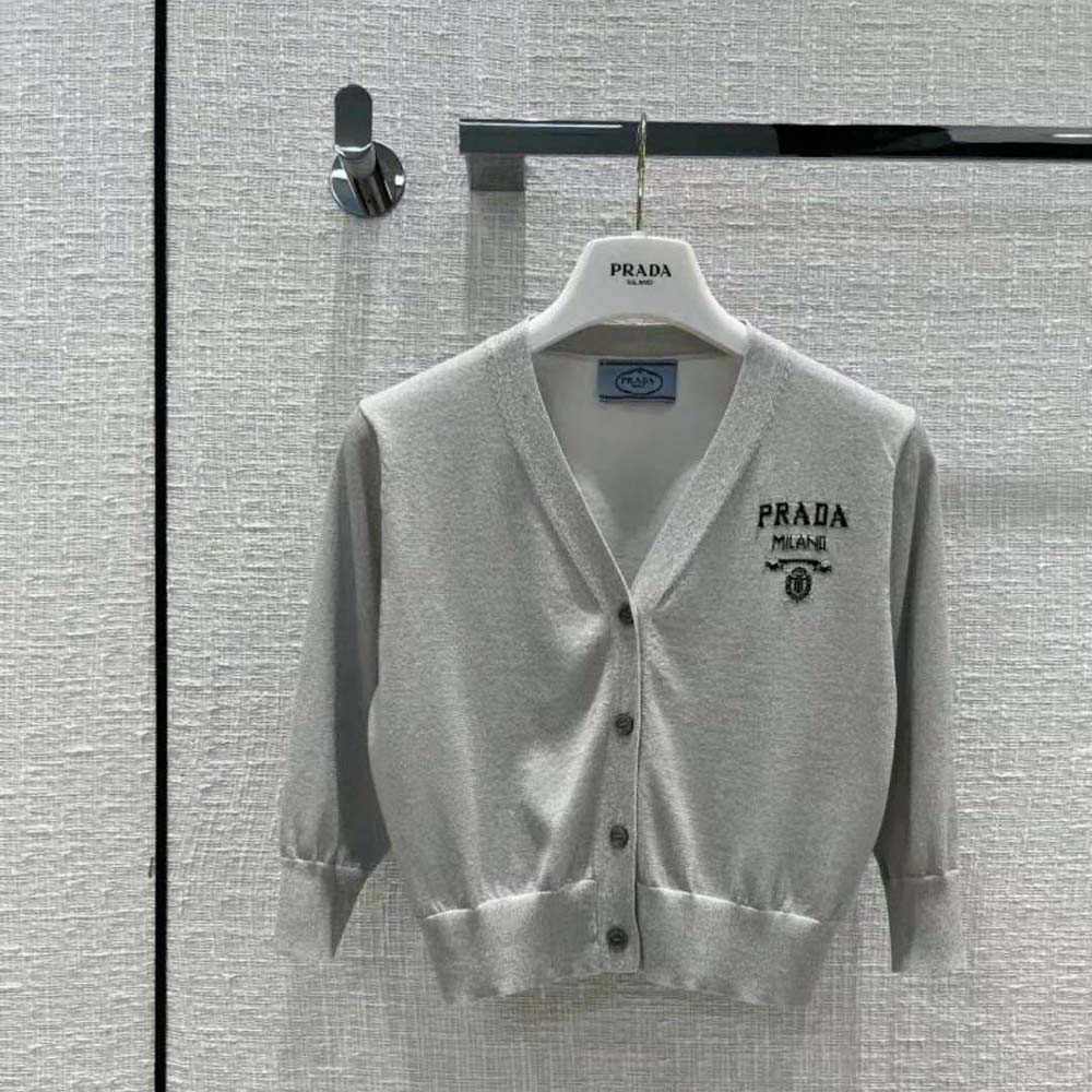 Prada Women Cropped Lurex Cardigan with Intarsia Logo-Silver
