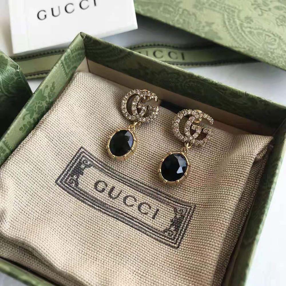 Gucci Women Double G Earrings with Black Crystals