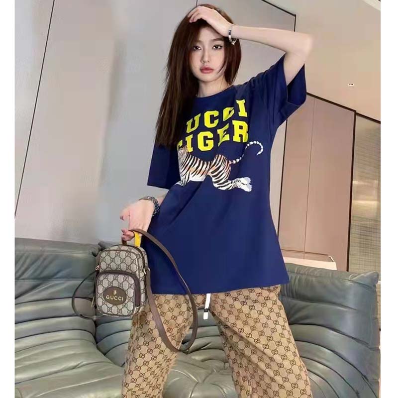 Gucci GG Women Gucci Tiger Cotton T-Shirt Blue Cotton Jersey Crewneck