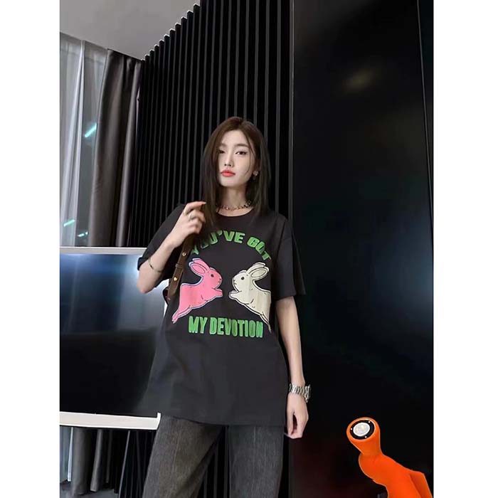 Gucci Women GG HA HA HA Bunny T-Shirt Black Medium Cotton Jersey Crewneck