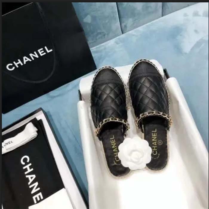 Chanel Women CC Tweed Calfskin Loafer Black Leather Gold Tone Metal