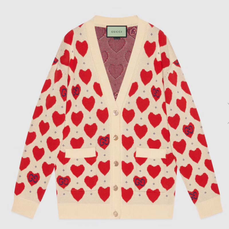 Gucci Women’s Les Pommes Cotton Heart Sweater White Hearts Knit Cotton Jacquard V-Neck
