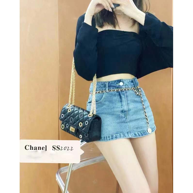 Chanel Women CC 2.55 Handbag Calfskin Strass Glass Pearls Gold Silver Tone Black