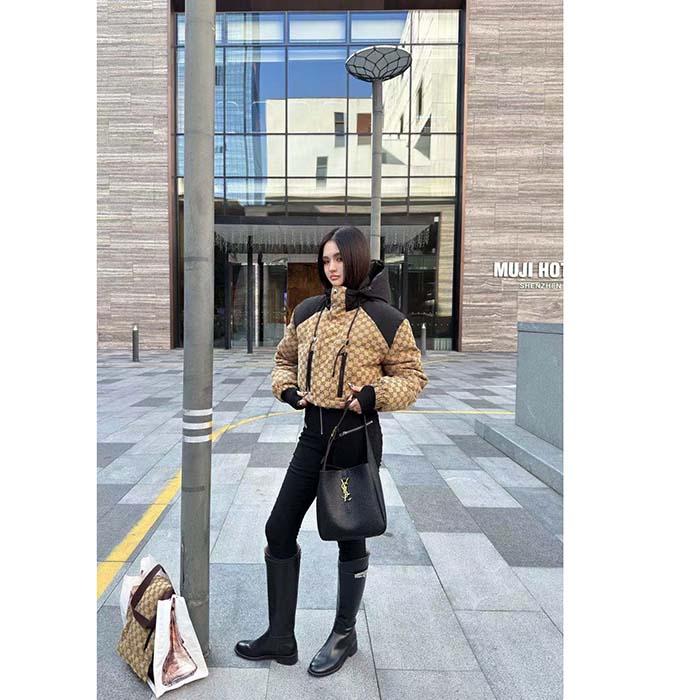 Gucci Women GG Canvas Bomber Jacket Camel Ebony Black Trim Lined Dropped Shoulder Padded