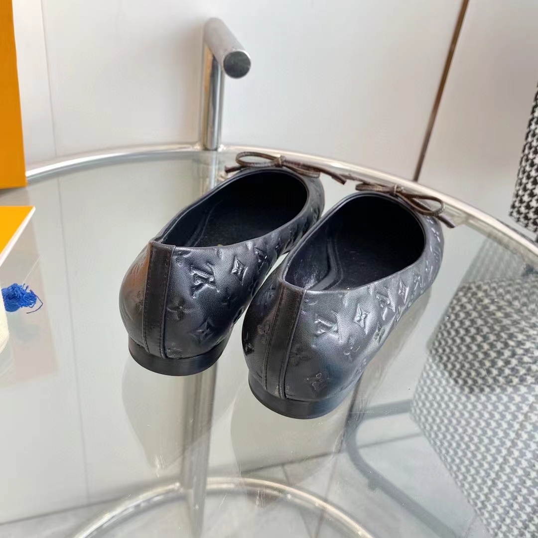 Louis Vuitton LV Women Nina Flat Ballerina Black Monogram Embossed Calf Leather Canvas Bow