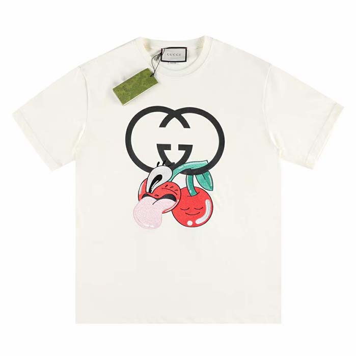 Gucci Men GG Cotton Jersey Printed T-Shirt Beige Crewneck Short Sleeves