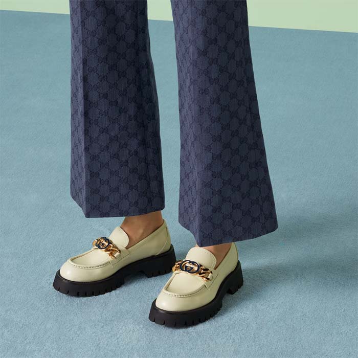 Gucci Women GG Lug Sole Loafer White Leather Interlocking G Chain Rubber Flat