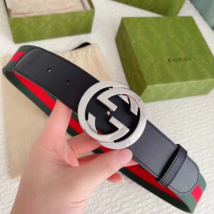 Gucci Unisex GG Web Belt Interlocking G Buckle Green Red Web Black Leather 3.8 CM Width