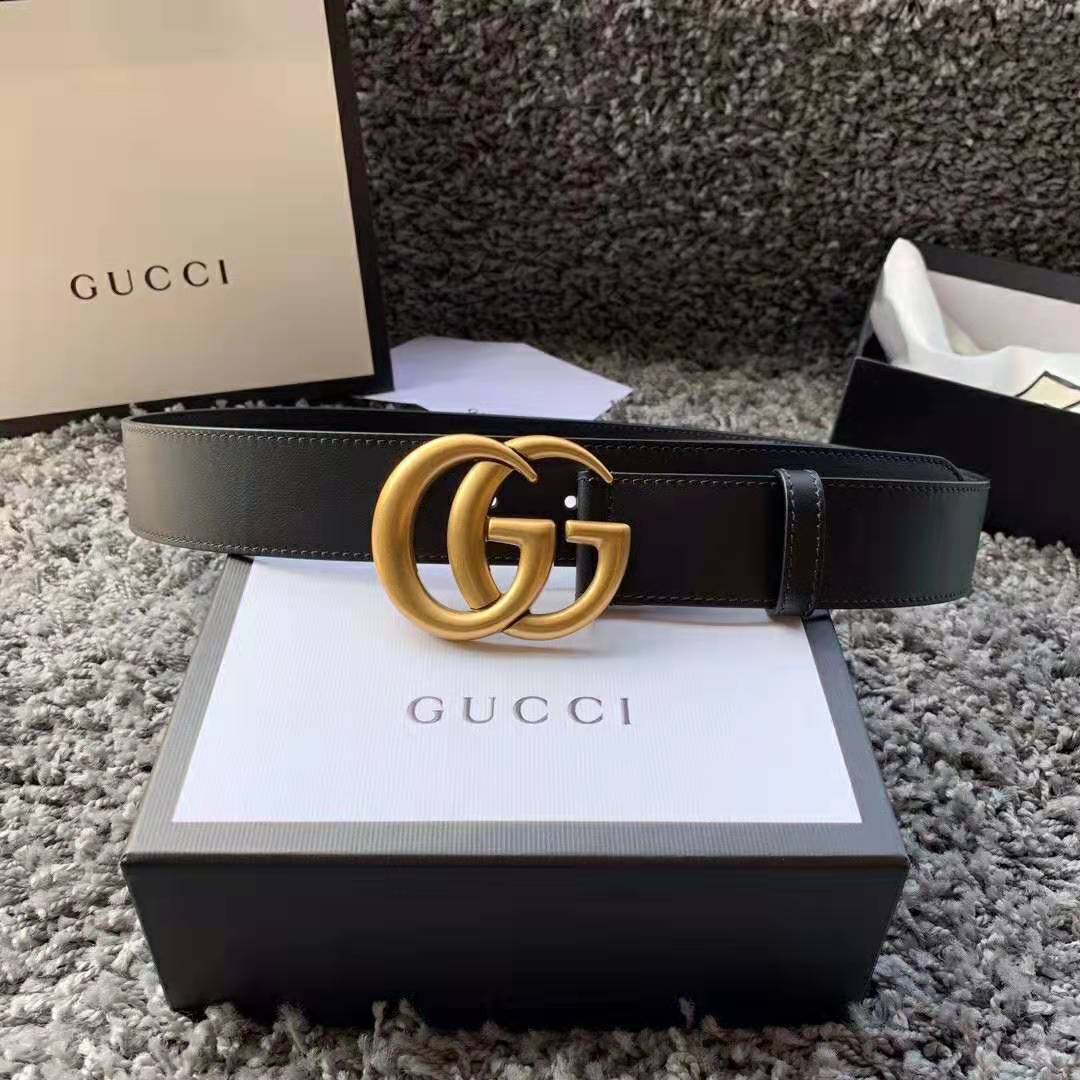 Gucci Unisex GG Marmont Leather Belt with Shiny Buckle in 3.8cm Width-Black